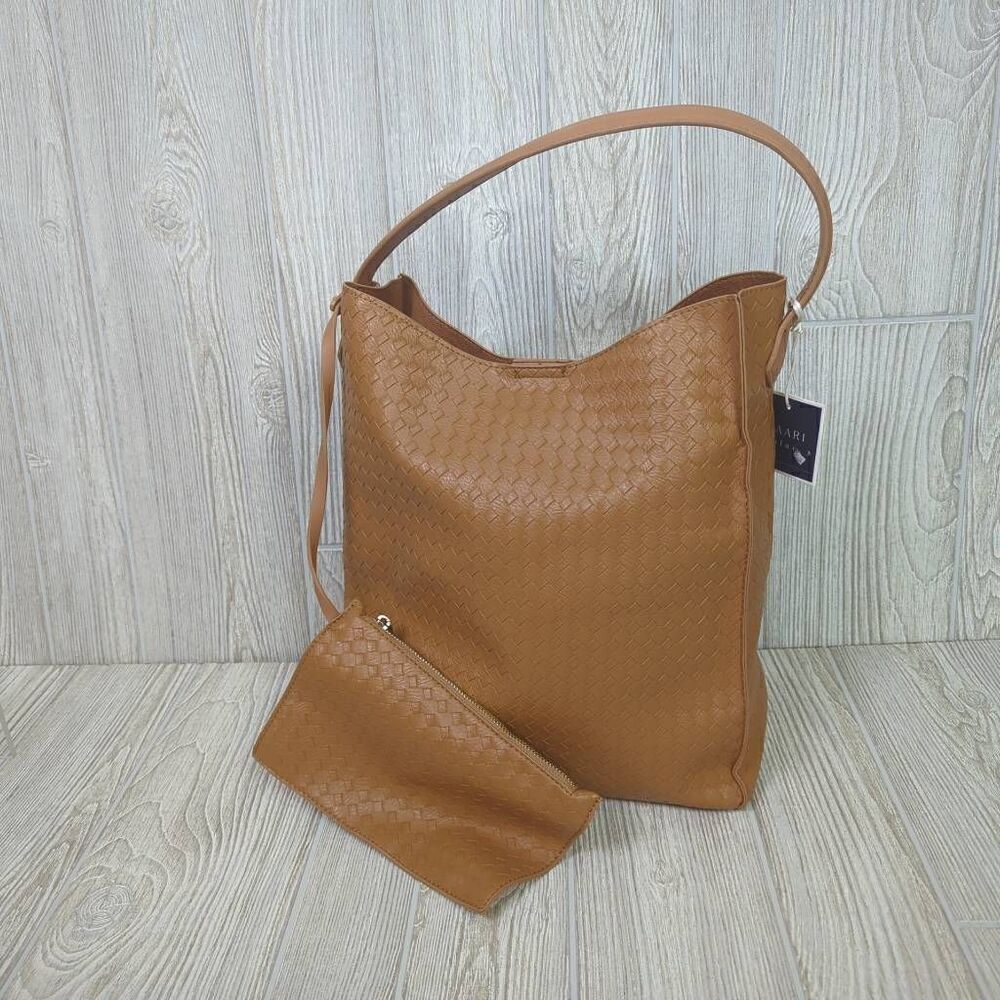 Kaari Womens Faux Leather Bucket Bag Handbag Taupe Diamond Pattern with Wallet